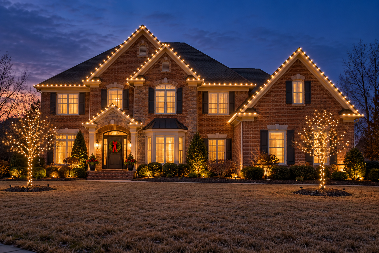 Christmas lighting design with warm-white roofline and tree lights